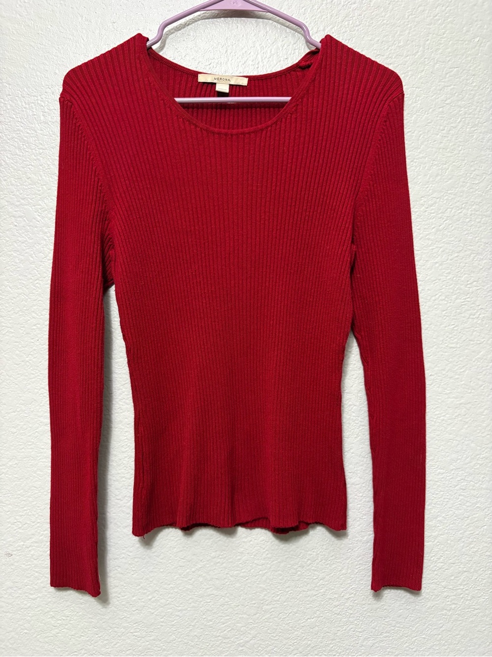 Merona Red Ribbed Long-Sleeve Crewneck Top